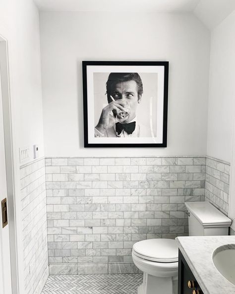 2,201 Likes, 40 Comments - Danielle Moss (@daniellemoss_) on Instagram: “He’s not Jack Nicholson (who else was team Jack?!) but I think he’ll do.  Waiting on a shade for…” Small Modern Bathroom Ideas, Moss Bathroom, Small Modern Bathroom, Ceramic Tile Floor Bathroom, Bathroom Design Small Modern, Black Accent Walls, Tongue And Groove Ceiling, Modern Bathroom Ideas, Bath Inspiration