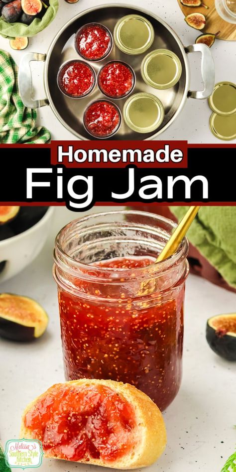 This sweet homemade Fig Jam Recipe is incredibly easy to make with simple ingredients. It can be canned or you can enjoy it as a freezer jam! #canningjam #figjam #jamrecipes #homemadejam #figs #figjamrecipe via @melissasssk Fig Preserves Recipe, Homemade Fig Jam, Fig Preserves, Fig Jam Recipe, Canning Jam, Freezer Jam, Fig Recipes, Fig Jam, Jam Recipe