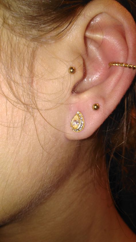 My left ear LeelooDallas  Piercings of Crazy Factory 1st and 2nd lobes, Tragus, Conch Tragus And Lobe Piercing, Conch And Tragus Piercing Together, Conch Tragus Piercing, Conch And Tragus Piercing, Double Tragus, Pretty Piercings, Tragus Conch, Tragus Piercing, Lobe Piercing