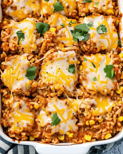 Chicken Enchilada Rice Casserole - Recipes, Tasks & Tools Enchilada Casserole Chicken, Chicken Burrito Casserole, Chicken Enchilada Rice Casserole, Enchilada Rice Casserole, Chicken Enchilada Rice, Red Chicken Enchiladas, Cheesey Chicken, Enchilada Rice, Mexican Chicken And Rice