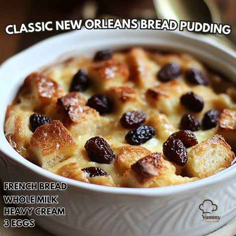 🌟 Indulge in the decadent flavors of Classic New Orleans Bread Pudding - a taste of Southern comfort! 🍞🍮 Recipe: Classic New Orleans Bread Pudding Ingredients: - 6 cups cubed French bread (1-inch pieces) - 2 cups whole milk - 1 cup heavy cream - 3 eggs - 1 cup granulated sugar - 2 tsp vanilla extract - 1/2 tsp ground cinnamon - 1/4 tsp nutmeg - 1/2 cup raisins - 1/4 cup butter, melted Instructions: 1. Preheat oven to 350°F. 2. In a large bowl, mix bread, milk, cream. Let sit for 10 mins. 3... New Orleans Bread Pudding Recipe, New Orleans Bread Pudding, New Orleans Bread, Classic Bread Pudding, Raisin Bread Pudding, Raisin Cake, Cozy Fall Recipes, Twisted Recipes, Bread Pudding Recipe