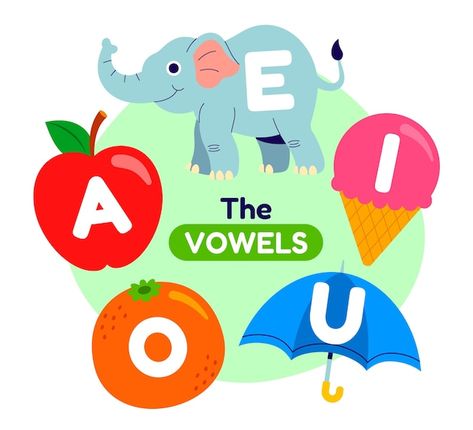 Free vector hand drawn vowels illustrati... | Free Vector #Freepik #freevector #vowel #illustrations #hand-drawn-illustration #flat-illustration Vowel Flashcards Free Printable, Vowels Decoration Ideas, Vowels Activities Preschool, Vowels Craft, Vowels Letters, Vowels In English, Vowels Printable, Vowel Poster, Vowel Letters