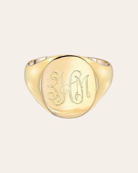 Chic large signet ring in your choice of sterling silver, gold vermeil or 14k solid gold with your choice of font, and engraving, either a single initial, 2 initials, or monogrammed. This signet will be your new obsession, this ring is classic and timeless. Please note for monogrammed pieces enter the letters in the following order: FIRST INITIAL(first name), SECOND INITIAL(last name), THIRD INITIAL(middle name). Example: For 'Louisa May Alcott' type 'LAM'. Made in L.A. Size: Approx. 0.5''(W) by Stackable Diamond Rings, Diamond Cluster Engagement Ring, New Obsession, Louisa May Alcott, Monogram Ring, Middle Name, Gold Engraving, Handmade Rings, First Name