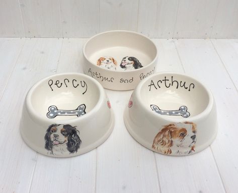 These beautifully hand painted ceramic dog bowls can be personalized with a name and a stylized portrait of your pet. The portrait of the pet will be on the outside and inside will be its name and a grey in the centre A wonderful personalised gift for any dog owner. ~Hand painted and personalised with a portrait and name ~ Glazed earthenware ~ Measures 20cm at base tapers to 15cm x 8cm ~ Dishwasher safe ~ Made in the UK You can either attach an image of your dog to the convo box or email it to C Paint Your Own Pottery Dog Bowl, Pottery Painting Ideas Dog Bowl, Dog Plate Ceramic, Dog Bowl Painting Ideas, Hand Painted Dog Bowl, Dog Ceramic Bowl, Dog Bowl Pottery Painting, Ceramic Dog Bowl Painting Ideas, Ceramic Dog Bowls