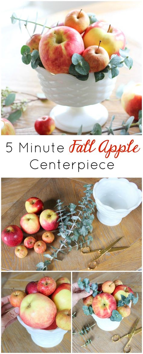 A simple and elegant apple centerpiece to decorate your table for fall! Apple Theme Kitchen Ideas, Apple Fall Decor Ideas, Fall Apple Party Decorations, Apple Theme Table Decorations, Apple Theme Centerpieces, Fall Event Table Centerpieces, Fall Apple Centerpieces For Table, Apple Cider Decor, Fall Apple Table Decor