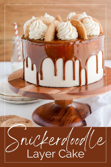 My Snickerdoodle Layer Cake includes three layers of light, airy cinnamon cake filled with cinnamon cream cheese frosting and snickerdoodle cookie crumbles and topped with cinnamon ganache drip. #snickerdoodle #snickerdoodlecake #cinnamonganache #dripcakes #snickerdoodlerecipes #thecakechica Snickerdoodle Cake With Cinnamon Cream Cheese Frosting, Snickerdoodle Birthday Cake, Homemade Cake With Filling, Snickerdoodle Sheet Cake, Fall Layer Cake, Snickerdoodle Cookie Cake, Cinnamon Ganache, Homemade Cinnamon Cake, Snickerdoodle Cake Recipe