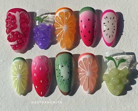 Fruit Inspired Nails, Weird Nail Art, Egg Nails, Fruit Nail Designs, Fruit Nails, Food Nails, Fruit Nail Art, Wow Nails, Airbrush Nails