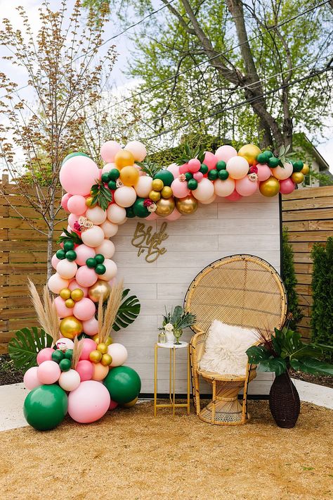 Peacock Chair Bridal Shower Ideas, Balloon Arch Color Scheme, Pool Bridal Shower Ideas, Luau Bridal Shower Ideas, Pink And Green Balloon Arch, Pool Party Bridal Shower Ideas, Bridal Shower Color Schemes, Balloon Arch Photo Backdrop, Colorful Bridal Shower Ideas