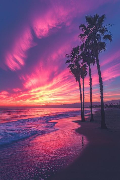 Experience the tranquil beauty of a Californian sunset with "Venice Sunset Dreams: A Symphony in Purple and Pink." This breathtaking photograph captures the serene shoreline of Venice Beach, bathed in the vibrant hues of dusk. The sky is ablaze with shades of purple, pink, and orange, reflecting off the gentle waves as palm trees stand silhouetted against the colorful backdrop. This piece is perfect for anyone who wants to bring a touch of West Coast serenity and the magic of a Venice Beach sunset into their home. Product Ideas: Framed Prints: Offer this stunning sunset as a framed print, perfect for adding a touch of coastal beauty to any room. Canvas Wall Art: Create large canvas prints that showcase the vivid colors and serene setting of this Venice Beach sunset, ideal for living rooms Purple And Pink Aesthetic, Pink And Orange Sunset, Pink And Purple Sunset, Venice Sunset, Colorful Backdrop, Sunset Purple, Sunset Colours, Ocean Art Painting, Perfect Sunset