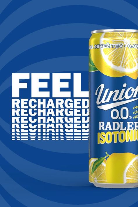 When you introduce a zero-alcohol, lemon isotonic-flavored beer with vitamins and minerals for regeneration after a workout, your packaging has to communicate what the drink is all about in an instant. Union Radler ticks all the boxes with this outstanding design, with the MATT effect that gives some pop to its light look and feel! #FEELRecharged #CANPACK #CreateThatFeeling Isotonic Drink, Lemon Beer, Flavored Beer, Fanta Can, Beverage Packaging, A Workout, Ticks, Iced Tea, Vitamins And Minerals