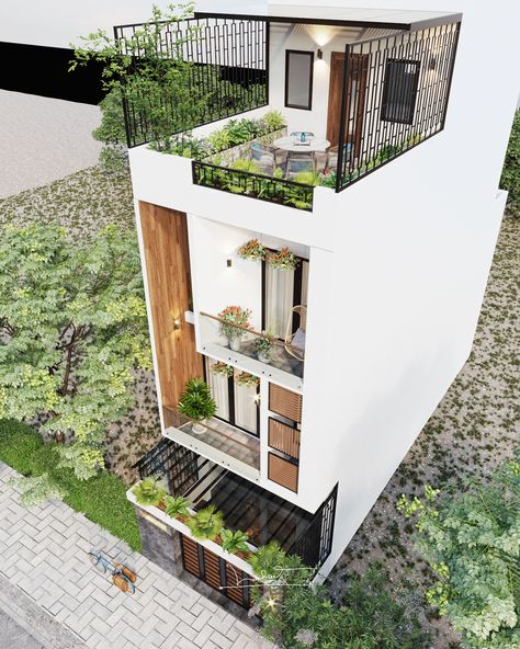 HOUSE-03 on Behance Small House Facade Ideas, Small Apartment Design Exterior, Narrow House Designs Exterior, Small Architecture House, Narrow House Design Interior, Small Front House Design, Small House Exterior Modern, Rooftop Ideas House, Small House Design With Rooftop