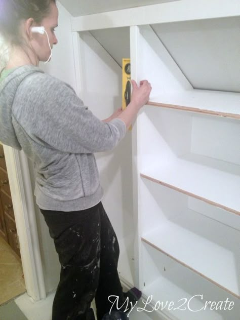 MyLove2Create, Slanted Wall Built-ins                                                                                                                                                                                 More Diy Built In Bookcase Slanted Ceiling, Slanted Wall Closet, Slanted Ceiling Closet, Garage Additions, Bedroom Revamp, Slanted Walls, Attic Closet, Loft Storage, Attic Room