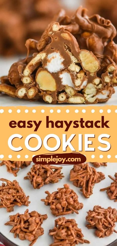 Add fun to your holidays by learning how to make haystack cookies! This cookie recipe is such a fun easy no-bake treat. Make it with the kids and they'll definitely love it! Be sure to save this pin for later! Peanut Haystacks Recipe, Chocolate Butterscotch Haystacks, Kid Friendly Holiday Baking, Best Haystack Cookies No Bake, No Bake Haystacks, Christmas Haystacks Recipe, Easy Christmas Cookies For Exchange No Bake, Christmas Haystack Cookies, No Bake Peanut Butter Haystacks