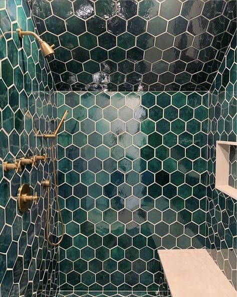 Deep Teal, Bluegrass Hexagon Mosaic Tile – Mercury Mosaics Bohemian Shower Bathroom, Teal Hexagon Tile, Green Mosaic Tiles Bathroom, Teal And Gold Bathroom, Mosaic Bathroom Ideas, Bathroom Mosaic Tile Ideas, Teal Tiles, Ceramic Tiles Bathroom, Mosaic Tiles Bathroom