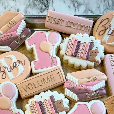 Book Royal Icing Cookies, 1st Chapter Birthday, Book Themed Cookies, Chapter 1 Birthday Party, One For The Books First Birthday, First Chapter Birthday Party, Chapter One Birthday Party, One For The Books Birthday Theme, Book Cookies