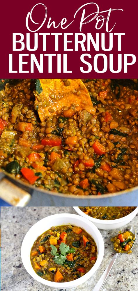 On a cold night, this Curried Butternut Squash and Lentil Soup hits the spot, especially if you are craving vegetarian comfort food with a kick! #butternutsquash #lentil #soup Squash And Lentil Stew, Lentils And Squash Recipe, Lentil And Butternut Squash Recipes, Squash And Lentil Soup, Lentil And Squash Recipes, Lentil And Butternut Squash Soup, Butternut Squash And Lentils, Butternut Lentil Soup, Butternut Squash And Lentil Soup