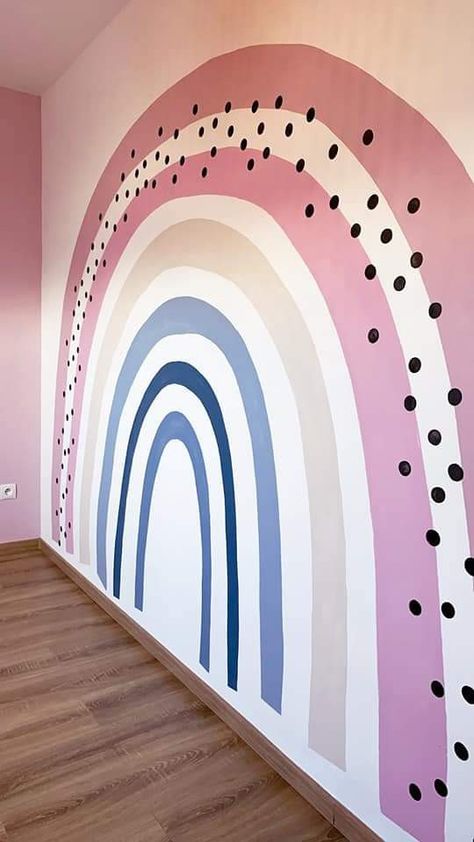 Rainbow Mural On Pink Wall, Simple Nursery Paint Ideas, Pink Room With Rainbow, Toddler Girl Bedroom Wall Ideas, Murals For Girls Bedroom, Girl Mural Bedroom Ideas, Rainbow Slat Wall, Toddler Girl Room Paint Ideas, Girl Bedroom Walls Paint