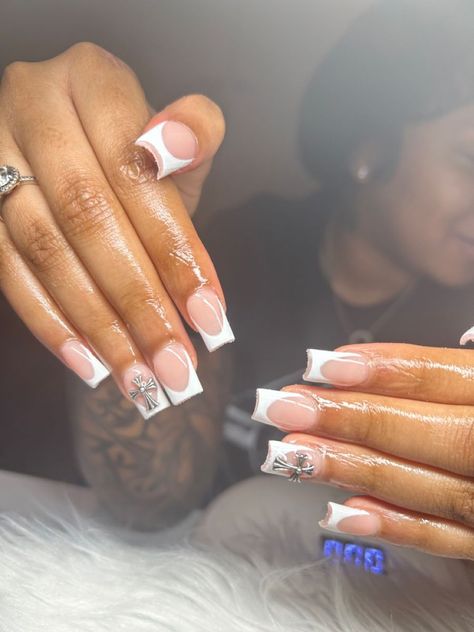 Short Acrylic Nails French Tip White, Medium Length Nails With Charms, Nail Ideas Acrylic Medium Length, French Tip With Cross Charm, Nail Ideas Acrylic French Tips, White Nails With Cross, White Nails With Designs Short, Senior Nails Ideas, Medium Nail Ideas