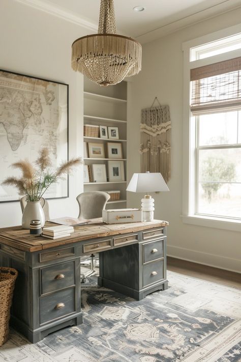 15 Feminine Home Office Ideas That Will Make You Want to Work All Day Blue Gray Desk, Grey Office Ideas, Feminine Home Office Classy, Studio Solutions, Office Sunroom, Feminine Home Office Ideas, Modern Farmhouse Office, Executive Office Decor, Feminine Home Office