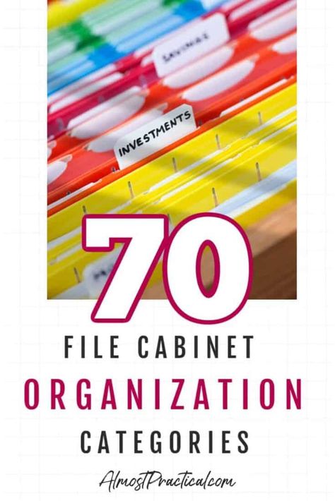 Use this massive list of 70 file cabinet organization categories to file away all that paperwork clutter in your home office. How To Organize Your File Cabinet Home, File Cabinet Categories, How To Organize File Cabinet, Organize File Cabinet, Household File Categories, Business File Categories, Filing Categories Home, Home Filing Cabinet, Organizing Files At Home Categories