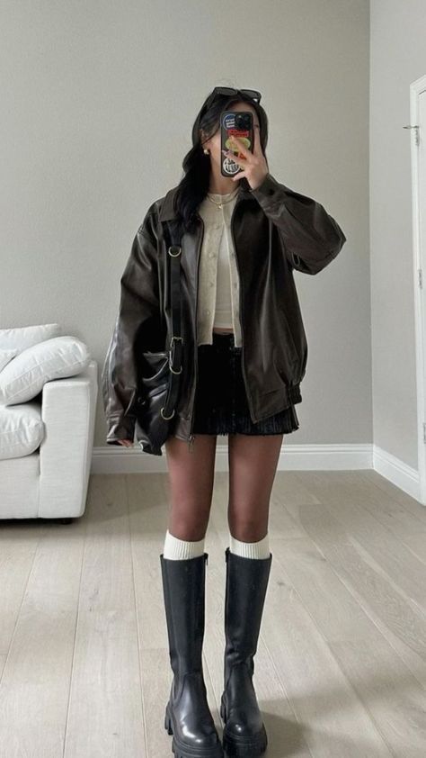 autumn outfit ❀ Winter Skirt Set, Fall Fashion Mini Skirt, Fall Outfit Knee High Boots, Fall Fashion Knee High Boots, Knee High Boots Autumn Outfit, Mini Skirt And Leather Jacket Outfit, Fall Outfit Skirt Boots, Fall Outfits Skirts Boots, Mini Skirt And Boots Outfit Winter