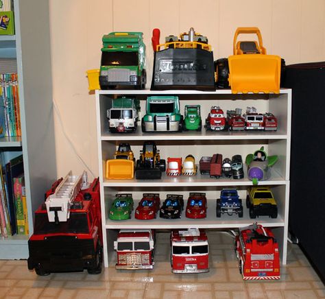 This might be a better truck storage option Toy Truck Storage, Kid Storage, Toy Box Plans, Playroom Area, Toy Room Ideas, Toy Room Organization, Truck Organization, Toy Car Storage, Home Playroom