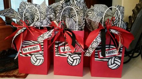 Treat bags for volleyball. Ribbon is a hair bow for each player. Volleyball Goody Bag Ideas For Players, Volleyball Team Snacks Goodie Bags, Volleyball Spirit Bags, Volleyball Gift Bags For Players, Volleyball Gift Bags, Volleyball Gifts For Players Diy, Volleyball Goodie Bag Ideas, Volleyball Ribbons, Diy Volleyball Gifts