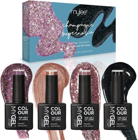 MYGEL by Mylee Glitter Gel Nail Polish Set 4x10ml - UV/LED Soak-Off Nail Art Manicure Pedicure for Professional, Salon & Home Use - Long Lasting & Easy to Apply Champagne Supernova, Pedicure Nail Designs, Colour Set, Gel Remover, Semi Permanente, Glitter Gel Polish, Glitter Gel Nails, Gel Nail Polish Set, All Eyes On Me