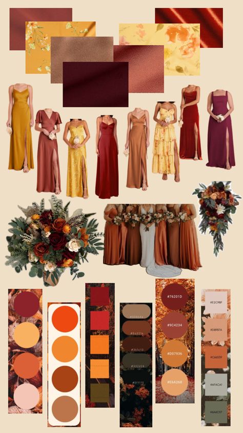 Warm Color Wedding Theme, Autumn Wedding Theme Color Schemes, Fall Wedding Color Schemes October Bridesmaid Dress, Autumn Bridesmaid Dresses Color Palettes, Wedding Colors With Orange, 70s Wedding Color Palette, Fall Bridesmaid Colors, Mix And Match Bridesmaid Dresses Summer, Bridesmaid Dresses Mismatched Summer