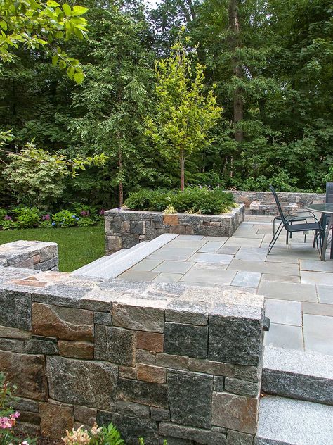 Wellesley, MA - Wooded Wellesley Terraces | a Blade of Grass | Wellesley Landscape Designer Cozy Fire Pit Area, Cozy Fire Pit, Patio Stairs, Terraced Backyard, Bluestone Patio, Terrace Garden Design, Flagstone Patio, Outdoor Stone, Patio Garden Design