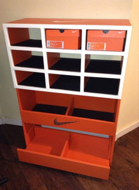 Nike shoe rack Nike Nightstand, Nike Shoe Storage, Custom Shoe Rack, Sneaker Storage Ideas For Small Spaces, Nike Room Decor Ideas, Small Shoes Cabinet, Nike Shoe Rack, Nike Furniture, Nike Shoe Box Storage