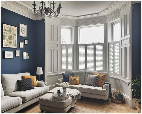 Living Room Bay Window, Bay Window Living Room, Victorian House Interiors, Stiffkey Blue, Victorian Living Room, Edwardian House, Cosy Living Room, Living Room Windows, Living Room Inspo