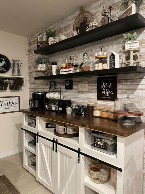 21+ Best Home Coffee Bar Ideas That Are Sophisticated and Fun - By Kimberly Faye Kitchen Server Decor Buffet, Coffee Bar Ideas Station Small Farmhouse, Farm Coffee Bar, Large Coffee Bar In Kitchen, Coffee Bar Design Farmhouse, Large Coffee Bar Ideas, New House Decorating Ideas Living Room, Coffee Bar Ideas Kitchen Cabinets, Coffee Buffet Station