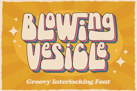 Blowing Vesicle is a retro bold font which will bring you back to 60s feel. This font perfectly made to be applied especially in logo, and the other various formal forms such as invitations, labels, logos, magazines, books, greeting / wedding cards, packaging, fashion, make up, stationery, novels, labels or any type of advertising purpose.  Features :  - uppercase & lowercase - numbers and punctuation - multilingual - ligatures - alternates - swashes - PUA encoded  We highly recommend using a pr 60s Font, Party Font, Happy Font, Casual Fonts, Groovy Font, Modern Calligraphy Fonts, In Logo, Bold Fonts, Wedding Fonts