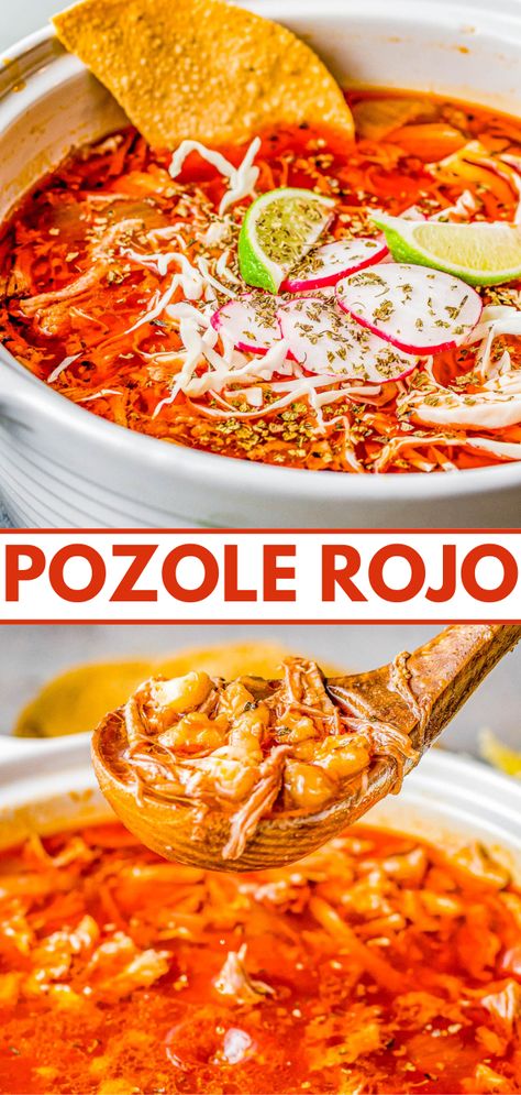 Pozole Rojo - This traditional Mexican soup features tender shredded pork, hominy, and more in a flavorful red chile broth! Learn how to make this authentic, rich and comforting, and very filling soup. It's perfect for chilly fall and winter nights! Easy to follow steps for either an INSTANT POT, SLOW COOKER, or STOVETOP! Crock Pot Pozole, Red Pozole Recipe Pork, Authentic Posole Recipe Pork, Crockpot Posole, Authentic Posole Recipe, Pozole Recipe Pork, Easy Pozole Recipe, How To Make Pozole, Pozole Soup