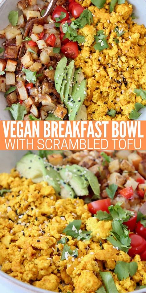 Make THE BEST Tofu Scramble and add it to a burrito bowl with roasted potatoes and avocado for an easy and delicious vegan breakfast recipe! The tofu scramble is seasoned with nutritional yeast and turmeric to give it a bright yellow, eggy color. This high-protein, gluten-free and vegan bowl is made in just 30 minutes and is perfect for breakfast, but also delicious for dinner! Sub the potatoes with spinach for a low carb bowl. Healthy Mexican Breakfast, Vegan Breakfast Tacos, Easy Vegan Breakfast, Tofu Scramble Vegan, Tofu Breakfast, Scrambled Tofu, Vegan Breakfast Easy, Mexican Breakfast, Healthy Vegan Breakfast