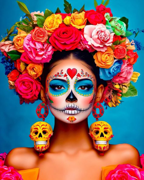 Happy Sunday everyone! Dropping a new colorful set of Catrinas to inspire your #diadelosmuertos hair and makeup looks. Enjoy! 🌈💄🌺 Mexican Sugar Skull Makeup, Colorful Catrina Makeup, Catrina Face Makeup, Katrina Makeup, Candy Skull Costume, Fiesta Costume, Catrina Costume, Painting Halloween, Mexican Sugar Skull