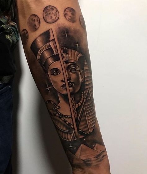 Ancient Egyptian Tattoos For Women, Queen Nefertiti And King Tut Tattoo, 1991 Stomach Tattoo, Egpty Gods Tattoo, Egyptian King Tattoo, Egyptian Tattoo Sleeve Women, Nefrititi Tattoo, Nefertiti Tattoo Design, Ancient Egyptian Tattoo