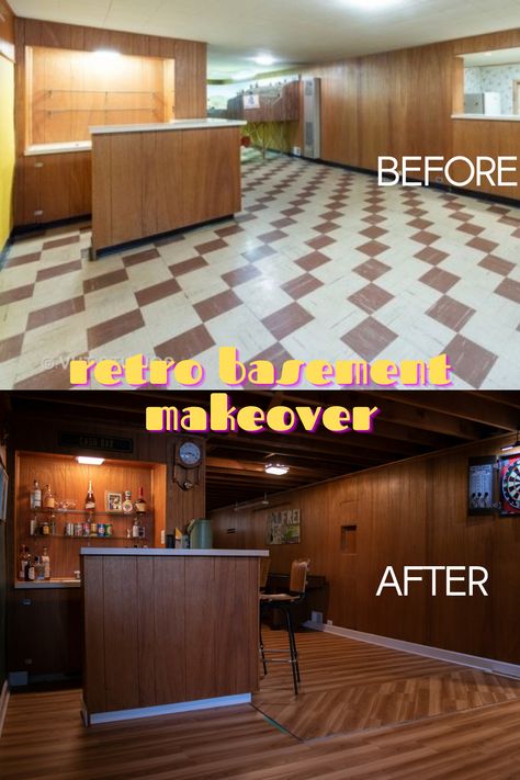 Basement Remodel Wood Paneling, 1970s Basement Bar, Basement Bar Wood Paneling, Midcentury Modern Basement Remodel, Wood Panel Basement Ideas, Basement With Paneling, Modern Vintage Basement, 50s Wood Paneling, Wood Paneled Basement Makeover