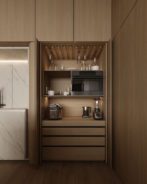 Coffee Kitchen Cabinet, Coffee Station In Cabinet, Modern Beverage Station, Coffee Wine Bar Ideas Kitchens, Pantry Cabinet With Coffee Bar, Kitchen Hotel Design, Corner Solutions Kitchen, Modern Coffee Bar Ideas Home, Hidden Breakfast Station