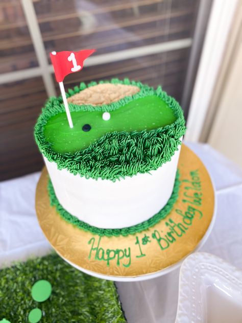 Golf Themed Birthday Party | Hole in One Par-Tee | One Year Birthday Party Golf Theme First Birthday Smash Cake, Hole On One Birthday, Golf Themed Smash Cake, Mini Golf Birthday Cake, Par 3 Birthday Party, Hole In One Cake Smash, Two Year Old Golf Party, Fore Birthday Boy Theme, Boys Golf Birthday Party