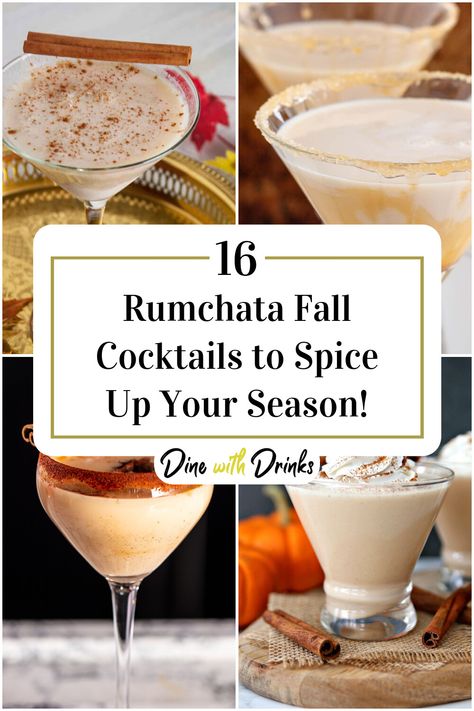 Collage of 4 rumchata fall cocktails. Fall Drinks With Rum Chata, Run Chata Recipes, Rumchata Fall Cocktails, What To Mix With Rum Chata, Rumchata Fall Drinks, Fall Rumchata Drinks, Rum Chata Cocktails, Drinks With Rum Chata Recipes, Fall Dessert Cocktails