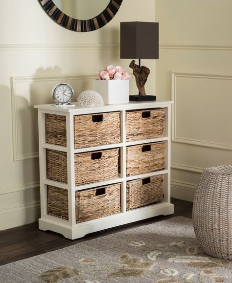 "This charming six-basket storage chest complements both urban and rural settings with a rugged finish on pine wood. This charming six-basket storage chest complements both urban and rural settings with a rugged finish on pine wood. Ideal in a bedroom or family room, its contrasting rattan pull out drawers are designed to make organization a breeze. No Assembly Required Weight Limit: 75lbs Measurements: 32.1\" x 13.4\" x 29.5\" Construction: Pine Made in China | Keenan 6 Basket Storage Chest in Wicker Basket Storage, Safavieh Furniture, Salon Suites, White Chests, White Storage, Basket Storage, Wicker Baskets Storage, Indoor Patio Furniture, Wicker Basket