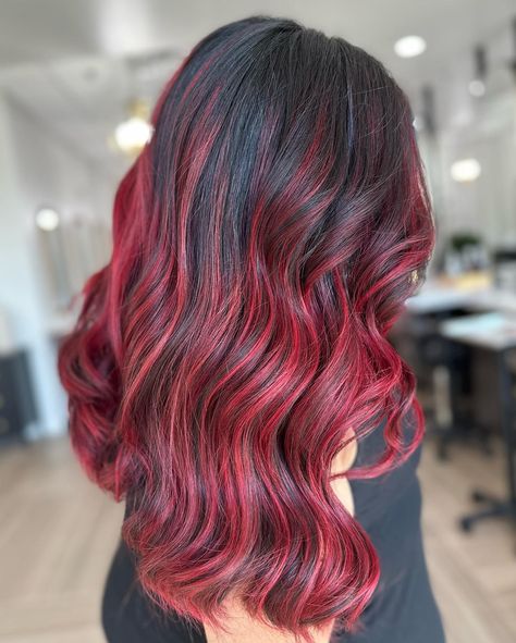 Different Styles Of Dyed Hair, Red Hair Dye Ideas For Dirty Blonde, Cute Hair Colors For Dark Hair, Volleyball Hairdos, How To Balayage Hair, Brown Hair With Dark Red Highlights, Dark Red Balayage Hair, Dark Roots Red Hair Balayage, Hair Cuts And Color Ideas