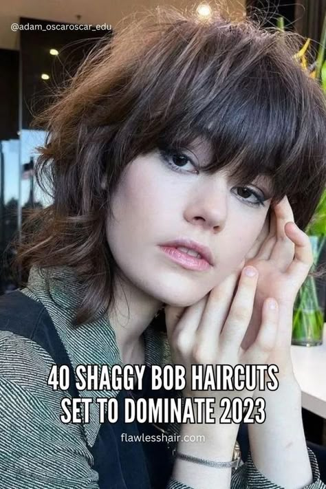 The shaggy bob haircut combines the delicious texture of the shag with the crisp length of the bob. It's casual but edgy—and impossible to resist. Shaggy Bobs Haircuts, Inverted Shaggy Bob With Bangs, Shaggy Bob 2023, Shag Bob Thick Hair, Choppy Bob With Bangs Fine Hair, 2023 Bob Haircuts For Thick Hair, Shaggy Haircuts Short Messy Bob, Jayne Edosalon Shag, Shaggy Bob Hairstyles Medium Length