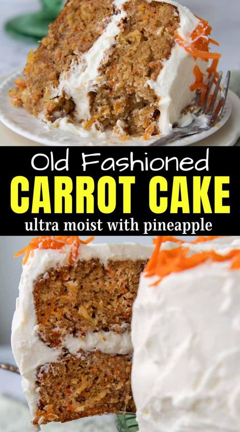 Old fashioned carrot cake recipe with pineapple is not only moist and richly spiced, but easy to make from scratch! This homemade carrot cake recipe tastes just like Grandma’s with thickly layered fluffy whipped cream frosting and optional raisins or pecans dotted throughout. Best Carrot Cake Recipe Moist With Pineapple, Carrot Cake Recipe With Crushed Pineapple, Best Carrot Cake Recipe With Pineapple, Carrot Cake Recipe With Pineapple And Raisins, Carrot Cake Pineapple Recipe, Carrot Cake No Frosting, Carrot Pineapple Cake Recipe Homemade, Best Carrot Cake Recipe With Pineapple And Coconut, Worlds Best Carrot Cake