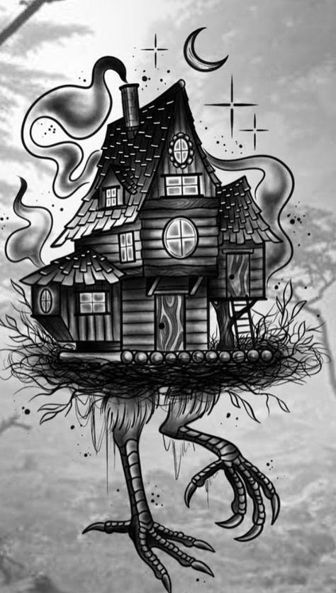 Witch House Tattoo, Baba Yaga House Tattoo, Baba Yaga Tattoo, Babayaga Tattoo, Traditional Tattoo Black And White, Baba Yaga House, Witch Hut, Bright Colors Art, Baba Jaga