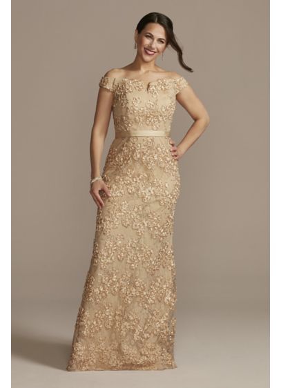 Off-the-Shoulder Sparkle Applique Sheath Gown D40NY2101 Olsen Wedding, Plus Size Wedding Guest Outfits, Champagne Gold Dress, Mother Of The Bride Dresses Long, Gold Gown, Sheath Gown, Gown Style, Groom Dresses, Dress Guide