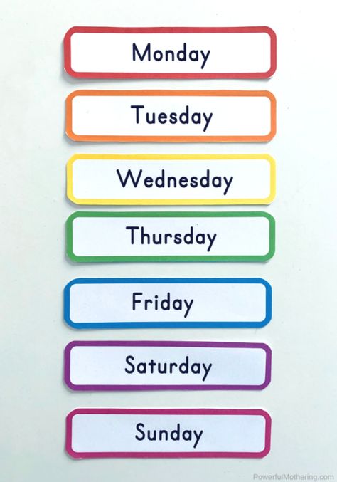 Printable cards or labels for the Day Of The Week. These can be used for games, labels, calendars, flash cards, and more! Perfect for homeschool, preschool or kindergarten classroom! #daysoftheweek #preschoolactivities #calendartime Days Of The Week Printables Preschool, Labels For Preschool Classroom, Day Of Week Activities, Kindergarten Days Of The Week Printable, English Flash Cards, Preschool Charts Printable, Preschool Days Of The Week Printables, Days Of The Week Activities Kindergarten, Learning Games For Kindergarten