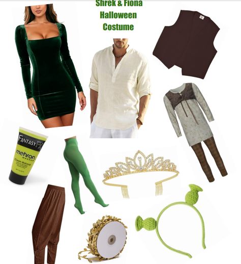 Halloween Shrek and Fiona Costume/simple/DIY/amazoncostume/shrek/fiona Diy Shrek And Fiona Costume, Human Shrek And Fiona Costume, Lord Farquad And Fiona Costume, Shrek Costume Ideas Diy, Fiona Shrek Costume Diy, Fiona Diy Costume, Shrek And Fiona Costume Couple, Fantasia Shrek E Fiona, Diy Fiona Costume Shrek